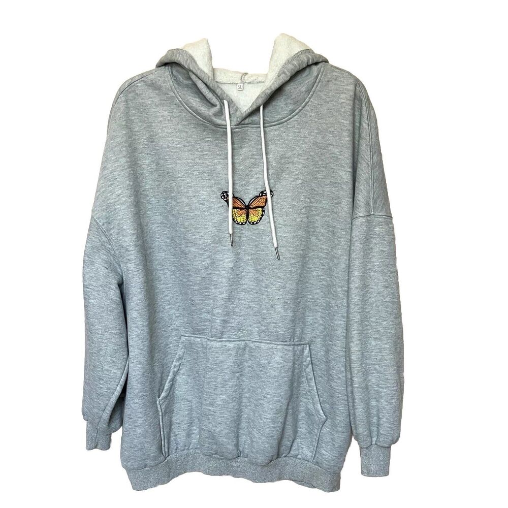 Hoodie Women’s XL Sweatshirt Embroidered Butterfly Grey Fairy Grunge Kidcore
